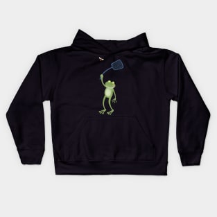 Funny green frog swatting fly cartoon Kids Hoodie